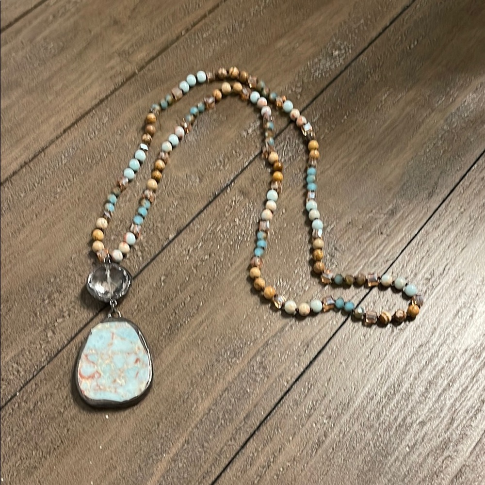 Blue and Brown Beaded Necklace with Teardrop Pendant